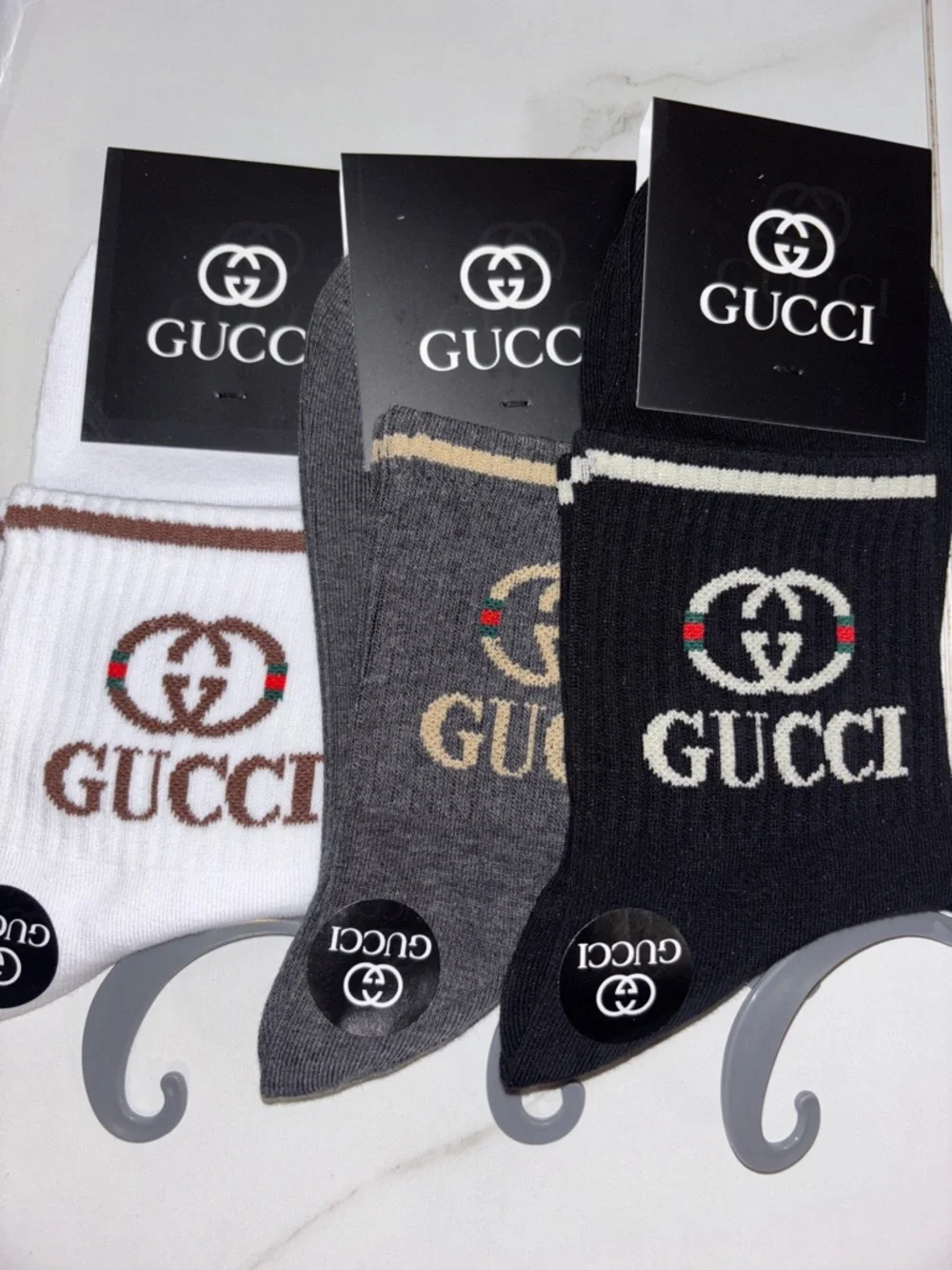 5 pairs Gucci Men's Logo Crew Socks - White, Gray, Black, Navy, Charcoal
